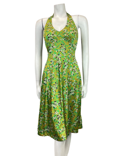 VINTAGE 60s 70s GREEN YELLOW BLUE FLORAL HAWAIIAN HALTER SUMMER SWING DRESS 8 10