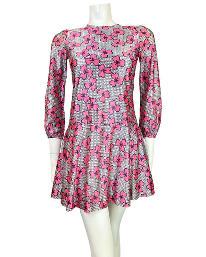 VINTAGE 60s STYLE 90s WHITE BLUE PINK GEOMETRIC FLORAL MOD DROP-WAIST DRESS 4