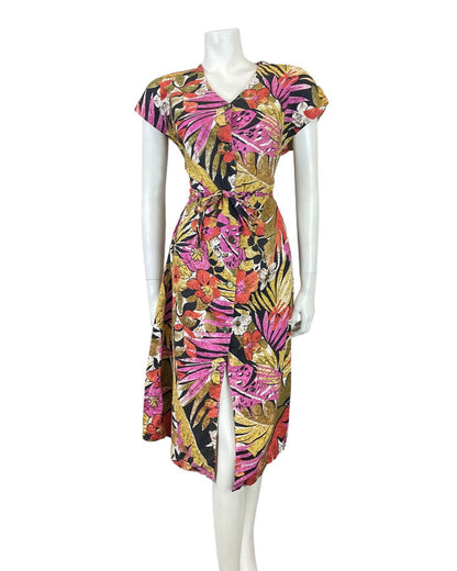 VINTAGE 70s 80s BROWN PINK YELLOW FLORAL PALM LEAF HAWAIIAN SHIRT DRESS 10 12