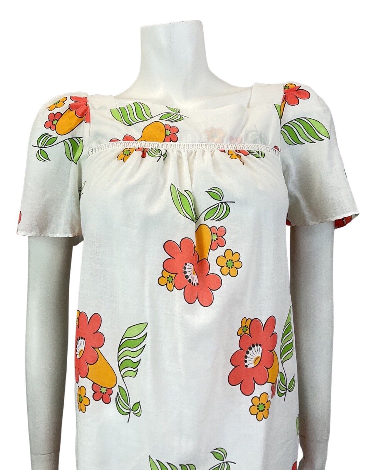 VINTAGE 60s 70s WHITE RED YELLOW FLORAL SUMMER MOD TENT YOKE DRESS 10