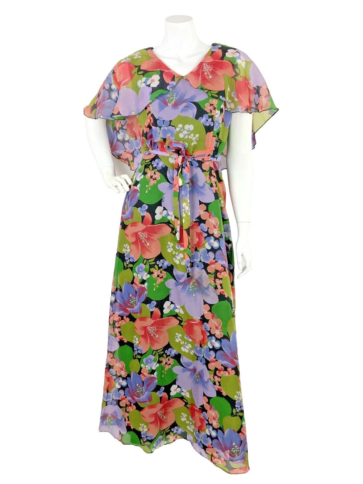 VINTAGE 60s 70s FLORAL MAXI SUMMER DRESS CAPE SLEEVE BLACK GREEN PURPLE PINK 10
