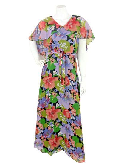 VINTAGE 60s 70s FLORAL MAXI SUMMER DRESS CAPE SLEEVE BLACK GREEN PURPLE PINK 10