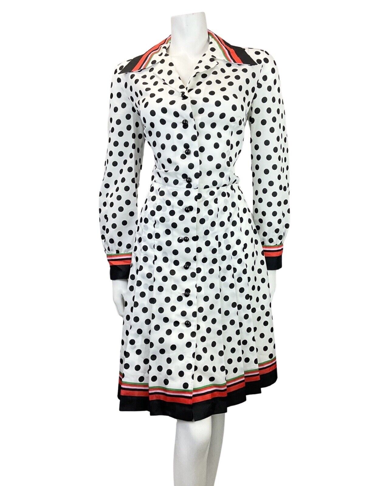 VINTAGE 60s 70s WHITE BLACK RED POLKA-DOT SPOTTED DAGGER SHIRT DRESS 14 16