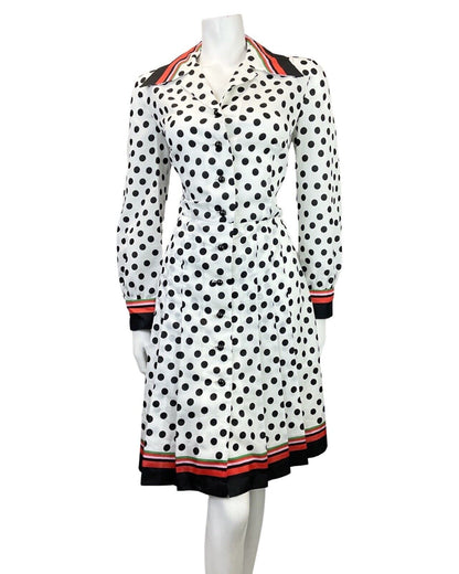 VINTAGE 60s 70s WHITE BLACK RED POLKA-DOT SPOTTED DAGGER SHIRT DRESS 14 16