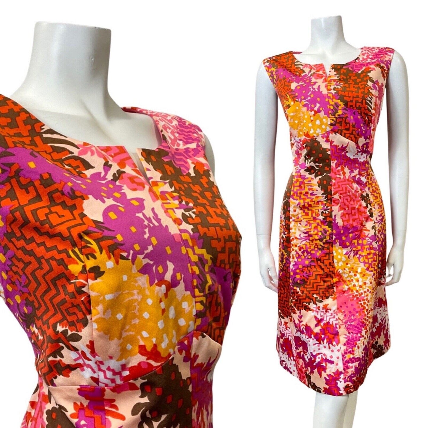 VTG 60s 70s PINK PURPLE YELLOW PSYCHEDELIC FLORAL GEOMETRIC SLEEVELESS DRESS 14