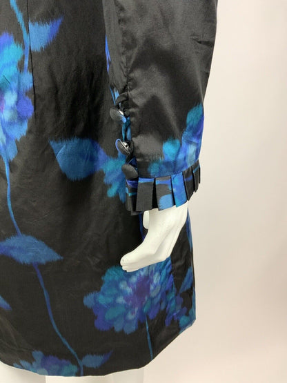 VINTAGE 60s 70s BLACK BLUE PURPLE FLORAL PSYCHEDELIC RUFFLE COLLAR DRESS 14 16