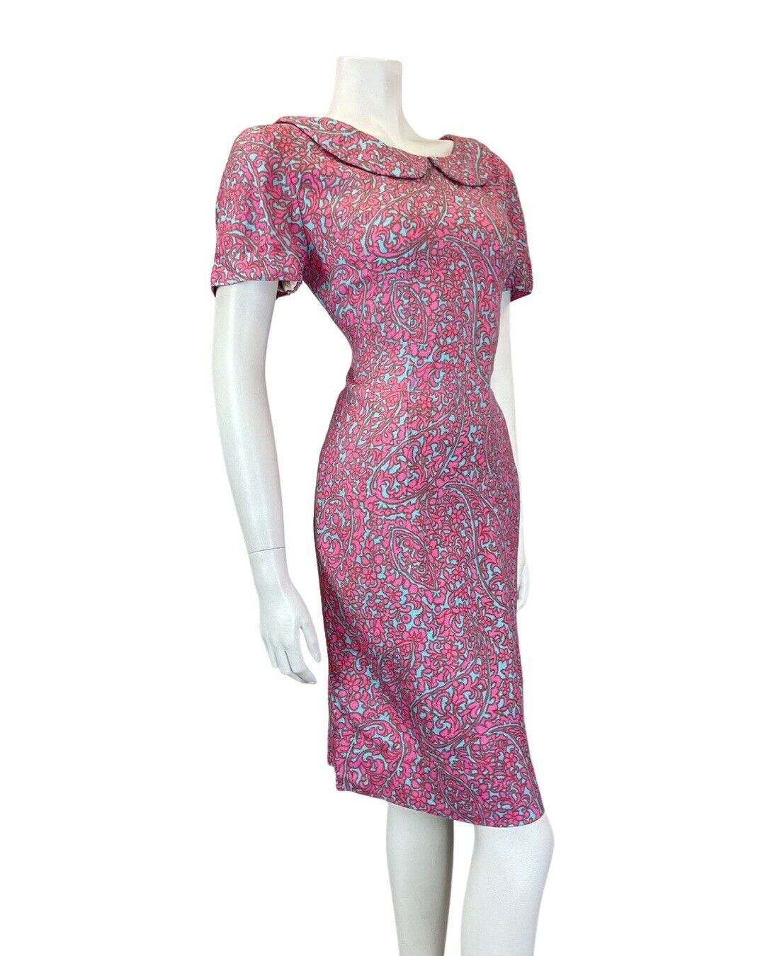 VINTAGE 60s 70s PINK BLUE PSYCHEDELIC ACANTHUS FLORAL PETER PAN COLLAR DRESS 10