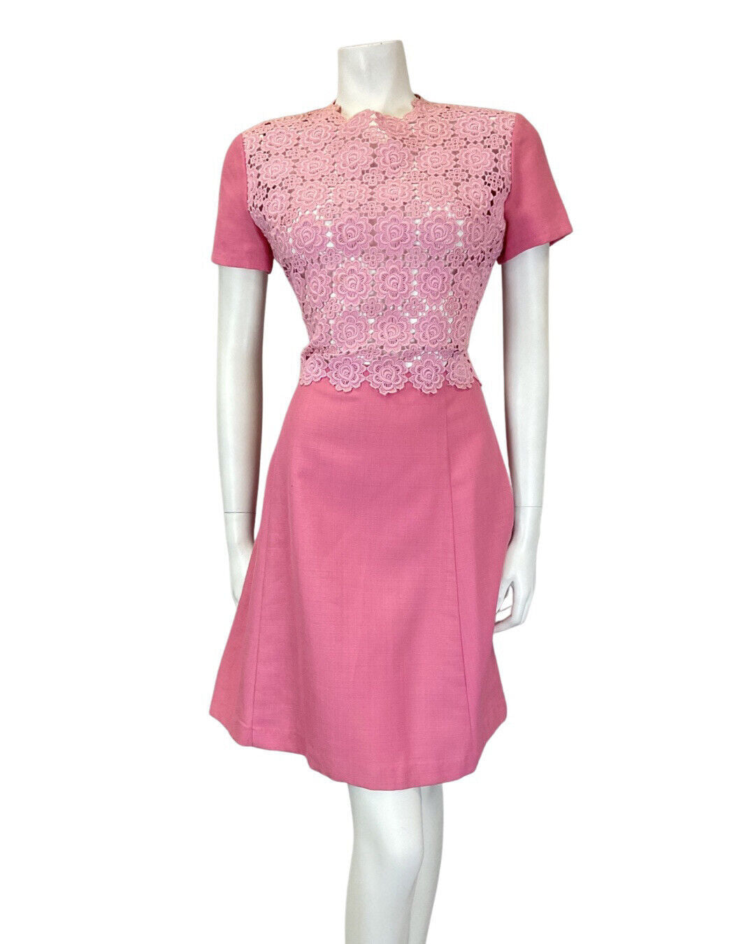 VINTAGE 60s 70s ROSE PINK EMBROIDERED FLORAL LACE SHORT-SLEEVE DRESS 10 12