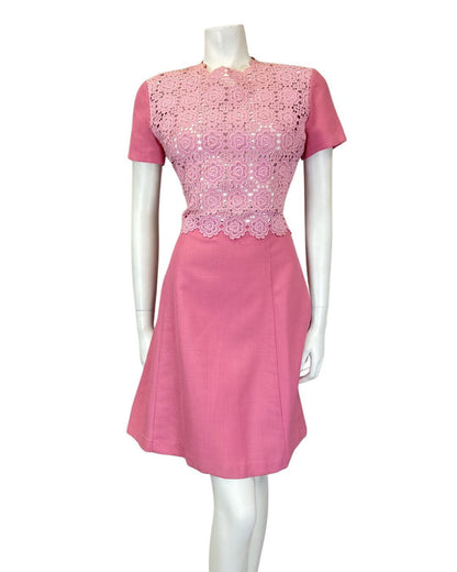 VINTAGE 60s 70s ROSE PINK EMBROIDERED FLORAL LACE SHORT-SLEEVE DRESS 10 12