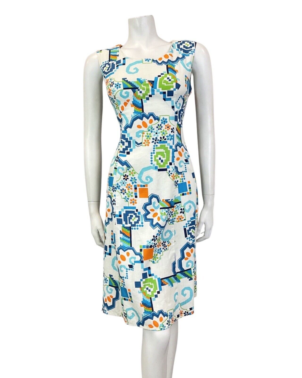 VINTAGE 60s 70s WHITE BLUE ORANGE GEOMETRIC FLORAL MOD SUMMER SUN DRESS 8 10