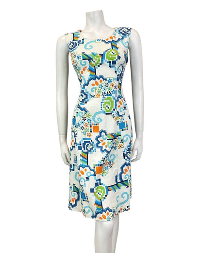 VINTAGE 60s 70s WHITE BLUE ORANGE GEOMETRIC FLORAL MOD SUMMER SUN DRESS 8 10