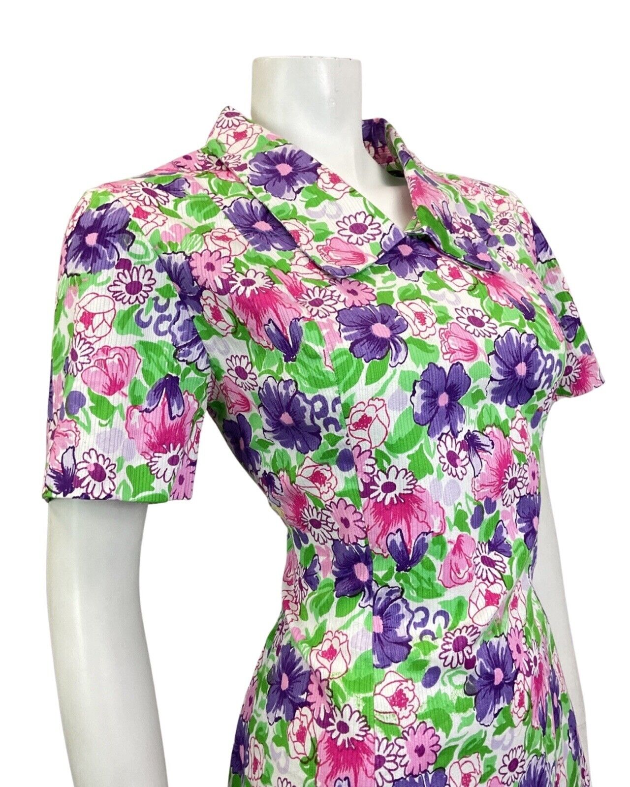 VINTAGE 60s 70s GREEN PURPLE PINK FLORAL GARDEN SHORT SHIRT DRESS 14 16