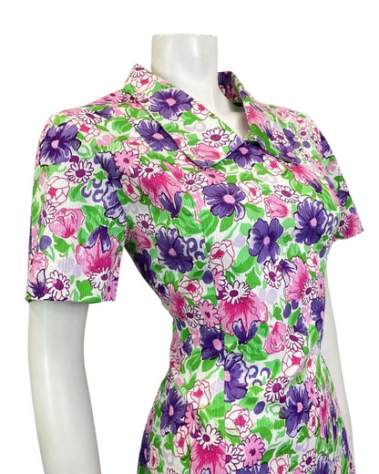 VINTAGE 60s 70s GREEN PURPLE PINK FLORAL GARDEN SHORT SHIRT DRESS 14 16