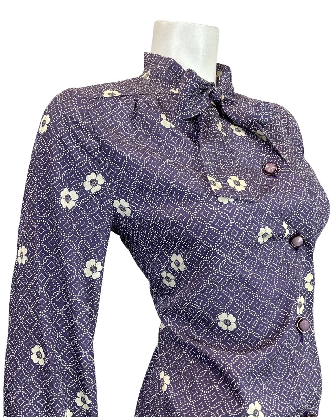 VINTAGE 60s 70s PURPLE WHITE GEOMETRIC DOTTY FLORAL PUSSYBOW SHIRT DRESS 12 14