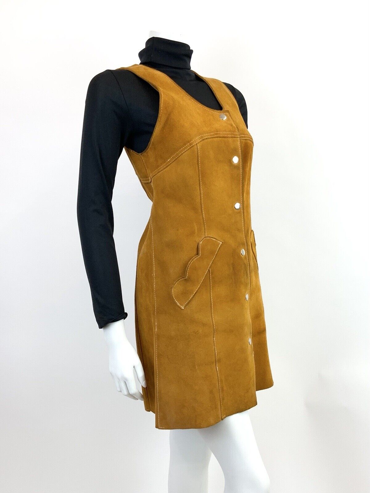 VTG 60s 70s BROWN SUEDE LEATHER SCALLOPED BOHO MOD PINAFORE PINNY DRESS 8 10