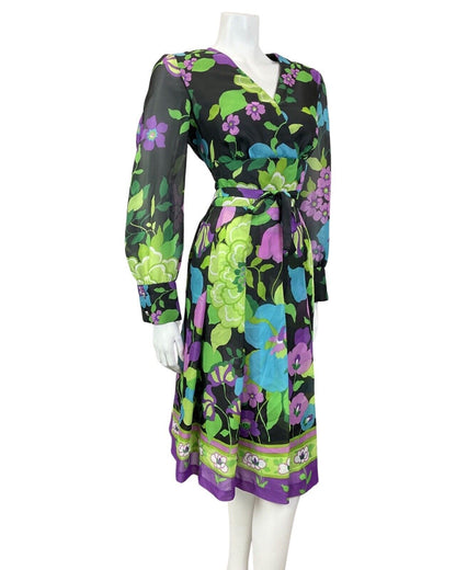 VINTAGE 60s 70s BLACK GREEN PURPLE FLORAL SHEER FLOATY SWING DRESS 14 16