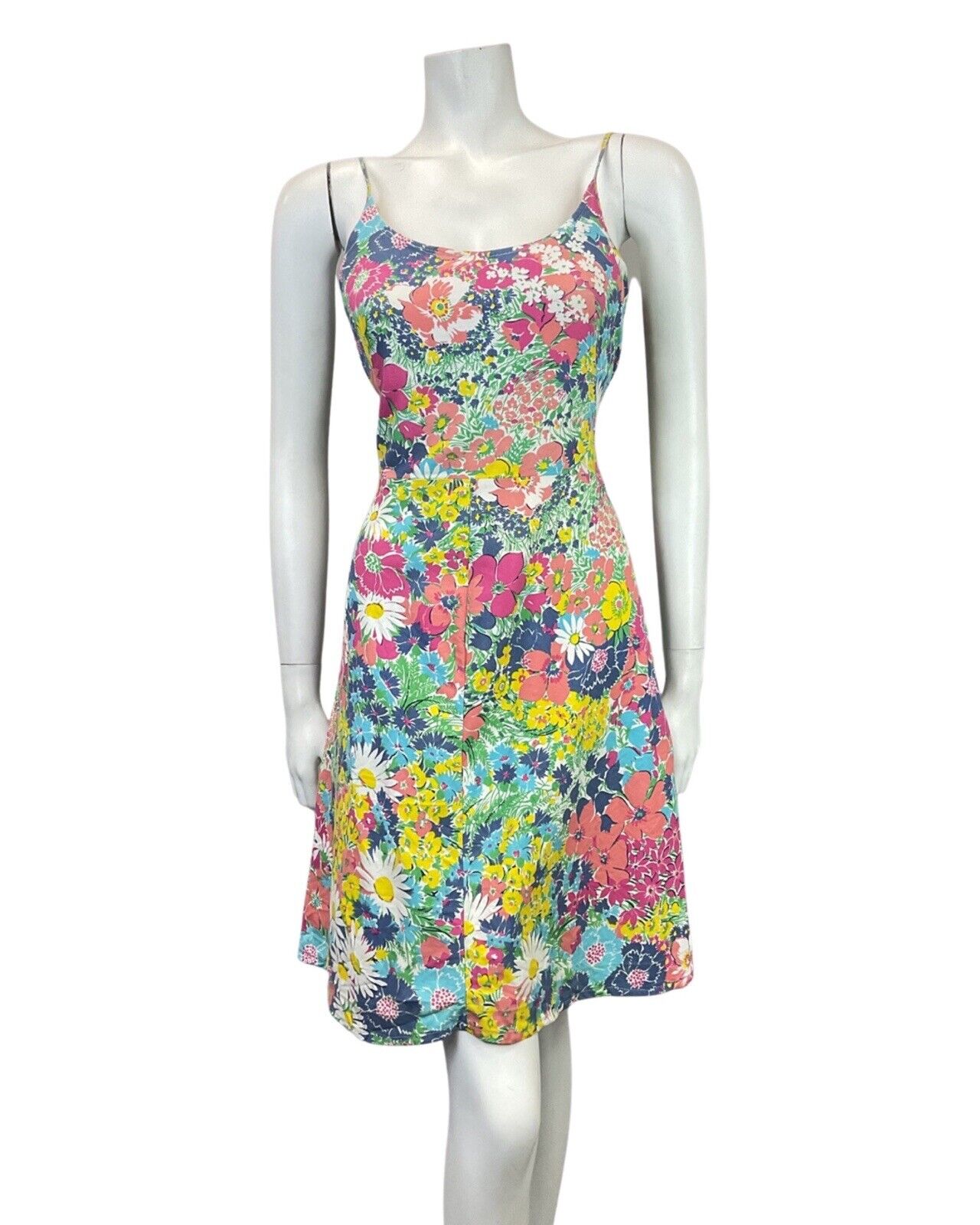 VINTAGE 60s 70s BLUE PINK GREEN FLORAL PSYCHEDELIC STRAPPY SUMMER SUNDRESS 10 12