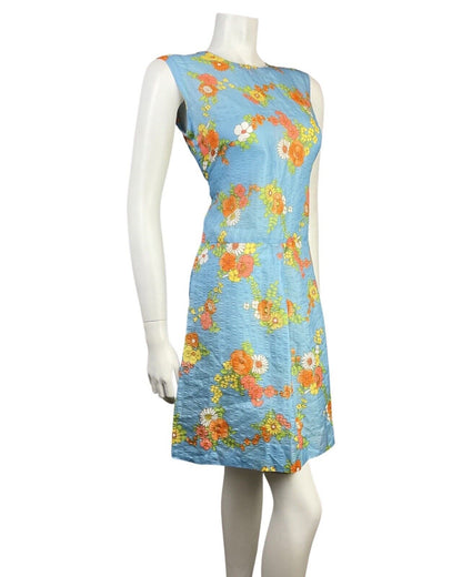 VINTAGE 60s 70s BLUE ORANGE WHITE FLOWER POPPY VINE LEAF SUMMER DRESS 8 10