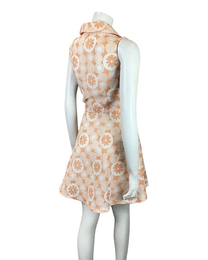 VINTAGE 60s 70s ORANGE PEACH WHITE DAISY DOTTY MOD SHIURT SWING DRESS 10 12