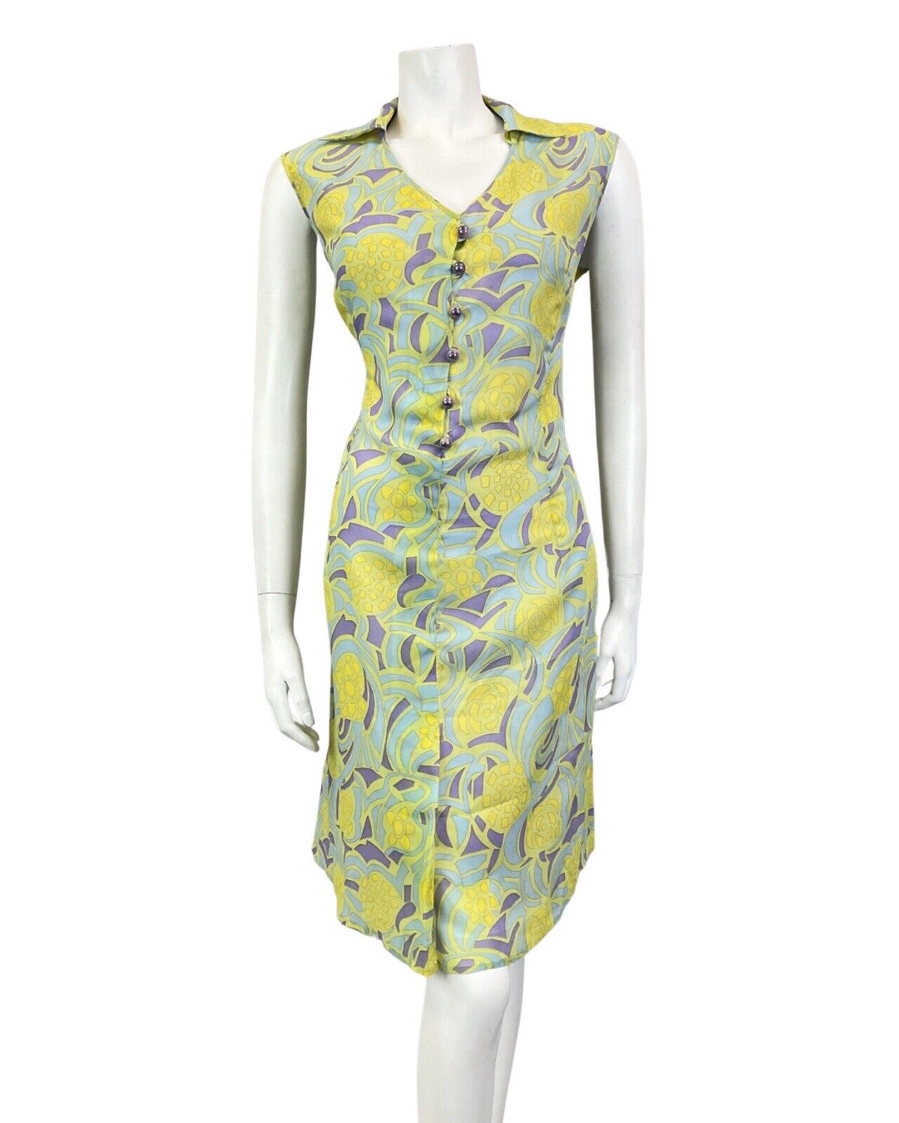 VINTAGE 60s 70s GREEN BLUE PURPLE GEOMETRIC PSYCHEDELIC SHIRT DRESS 12 14