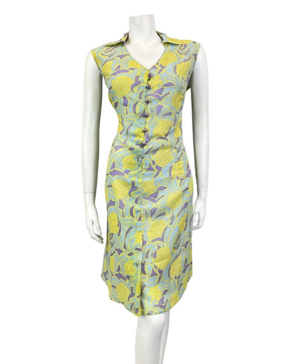 VINTAGE 60s 70s GREEN BLUE PURPLE GEOMETRIC PSYCHEDELIC SHIRT DRESS 12 14