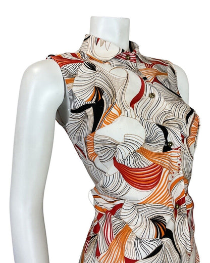 VINTAGE 60s 70s WHITE RED BLACK PSYCHEDELIC FLORAL SLEEVELESS MOD SHIRT DRESS 10