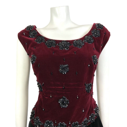 VINTAGE 60s 70s WINE RED BLACK GEM BEADED FLORAL DECO GLAM SLEEVELESS TOP 12