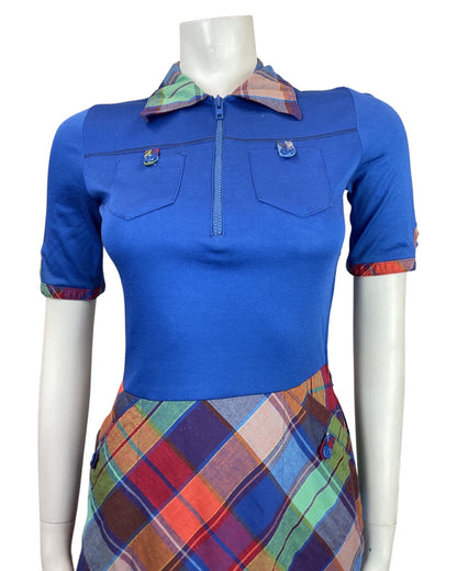 VINTAGE 60s 70s BLUE GREEN RED PLAID TARTAN MOD SWING MIDI SHIRT DRESS 8