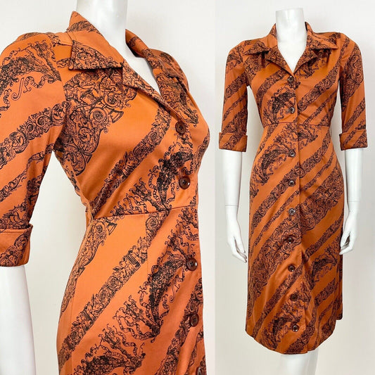 VTG 60s 70s BRONZE ORANGE BLACK ELEGANT FLORAL ACANTHUS CHERUB SHIRT DRESS 8