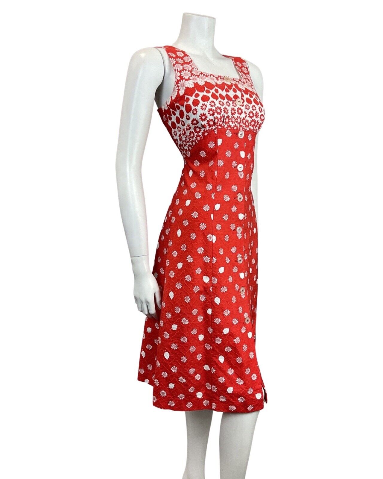 VINTAGE 60s 70s PILLARBOX RED WHITE FLORAL LEAFY MOD SLEEVELESS SUMMER DRESS 8