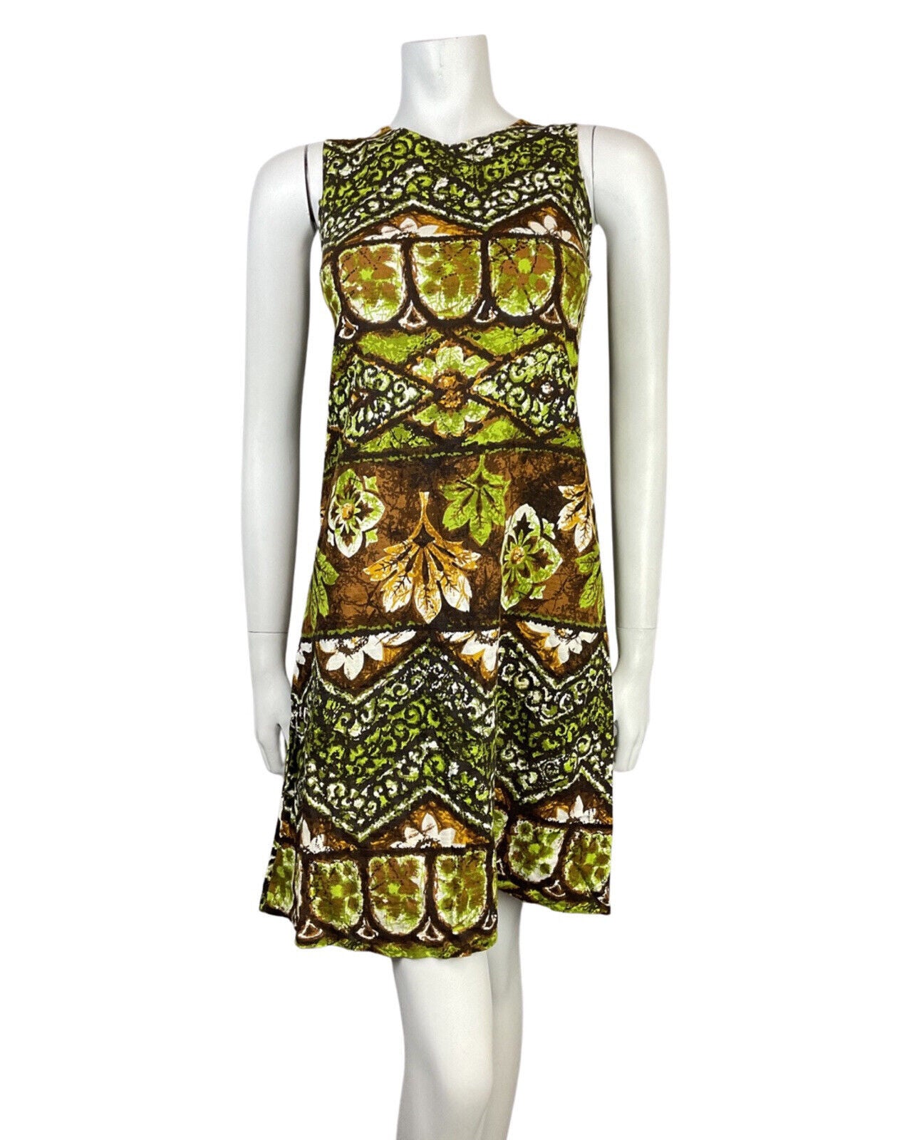 VTG 60s 70s GREEN BROWN WHITE FLORAL GEOMETRIC HAWAIIAN TIKI SHIFT DRESS 8 10