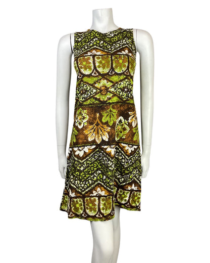 VTG 60s 70s GREEN BROWN WHITE FLORAL GEOMETRIC HAWAIIAN TIKI SHIFT DRESS 8 10
