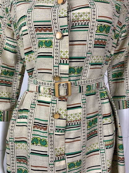 VTG 60s 70s CREAM GREEN BLACK BROWN STRIPED FLORAL GEOMETRIC SHIRT DRESS 14 16
