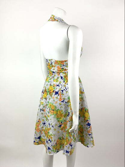 VINTAGE 60s 70s WHITE YELLOW ORANGE FLORAL DITSY DAISY HALTER SUMMER DRESS 10 12