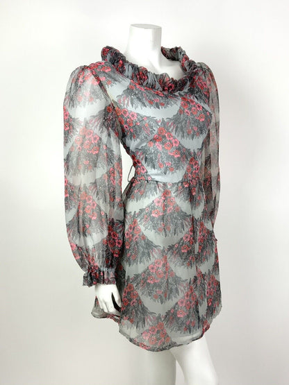 VINTAGE 60s 70s GREY RED PINK FLORAL SCALES RUFFLED SHEER MOD DRESS 12 14