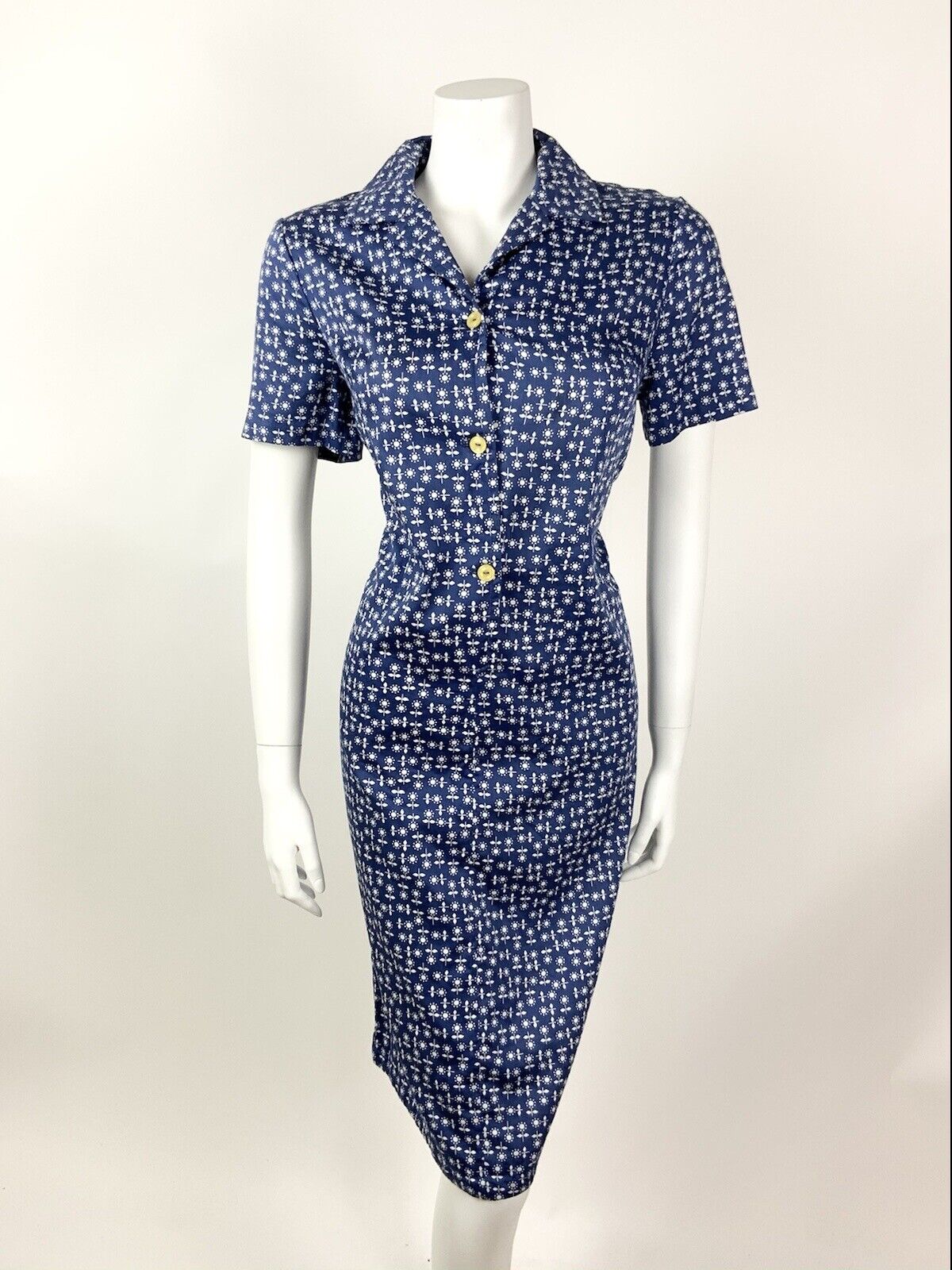 VINTAGE 60s 70s BLUE WHITE FLORAL DAISY SHIRT SHIFT DRESS 14 16