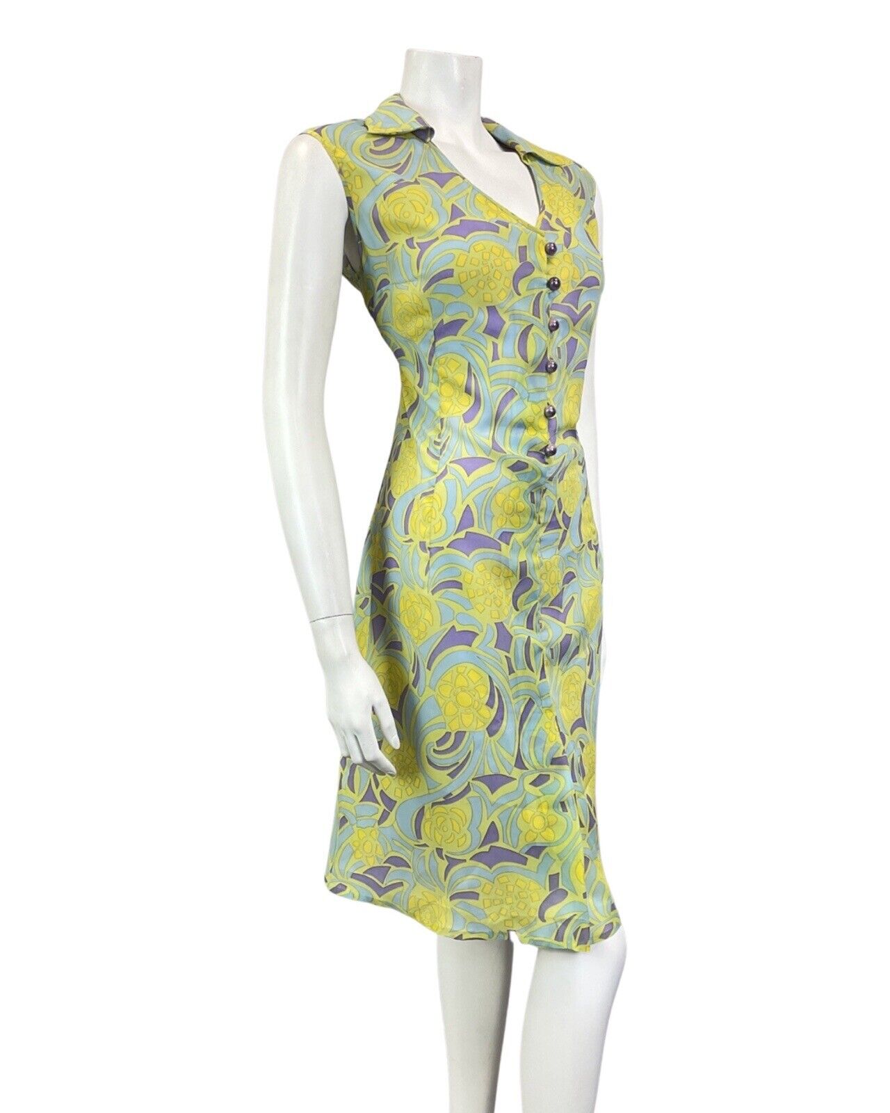 VINTAGE 60s 70s GREEN BLUE PURPLE GEOMETRIC PSYCHEDELIC SHIRT DRESS 12 14