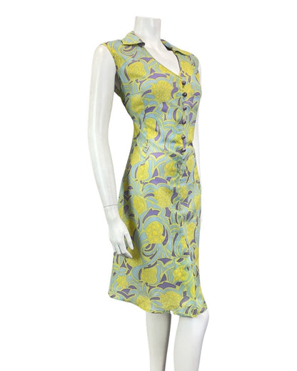 VINTAGE 60s 70s GREEN BLUE PURPLE GEOMETRIC PSYCHEDELIC SHIRT DRESS 12 14