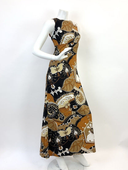VTG 60s 70s BROWN BLACK CREAM PSYCHEDELIC LEAFY SWIRL MOD BOHO MAXI DRESS 8 10