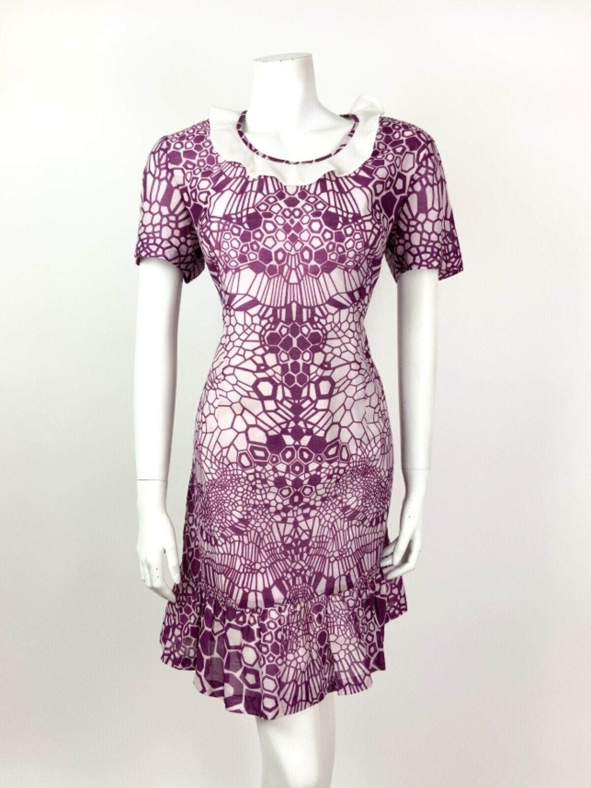 VINTAGE 60s 70s PURPLE WHITE RUFFLED GEOMETRIC PSYCHEDELIC DRESS 10