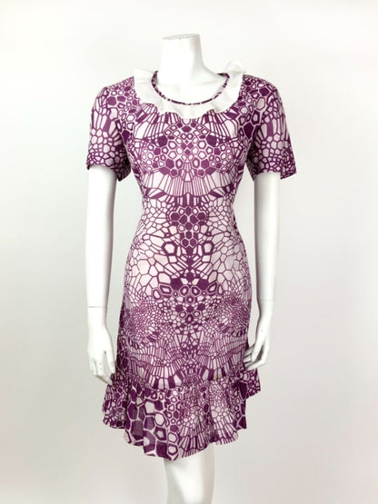 VINTAGE 60s 70s PURPLE WHITE RUFFLED GEOMETRIC PSYCHEDELIC DRESS 10