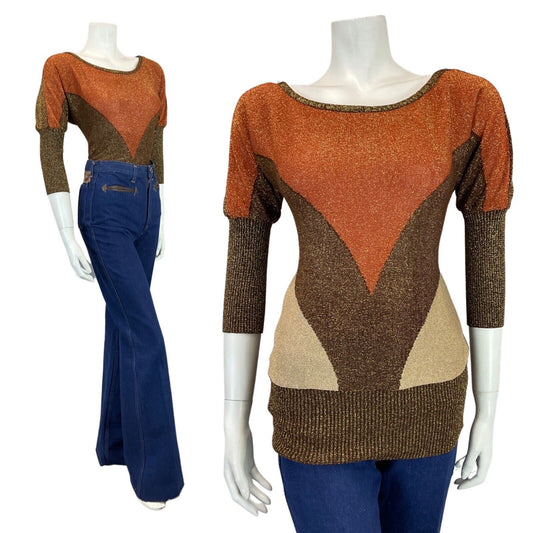 VINTAGE 60s 70s BROWN ORANGE CREAM BATWING GLITTER LUREX KNIT TOP 10
