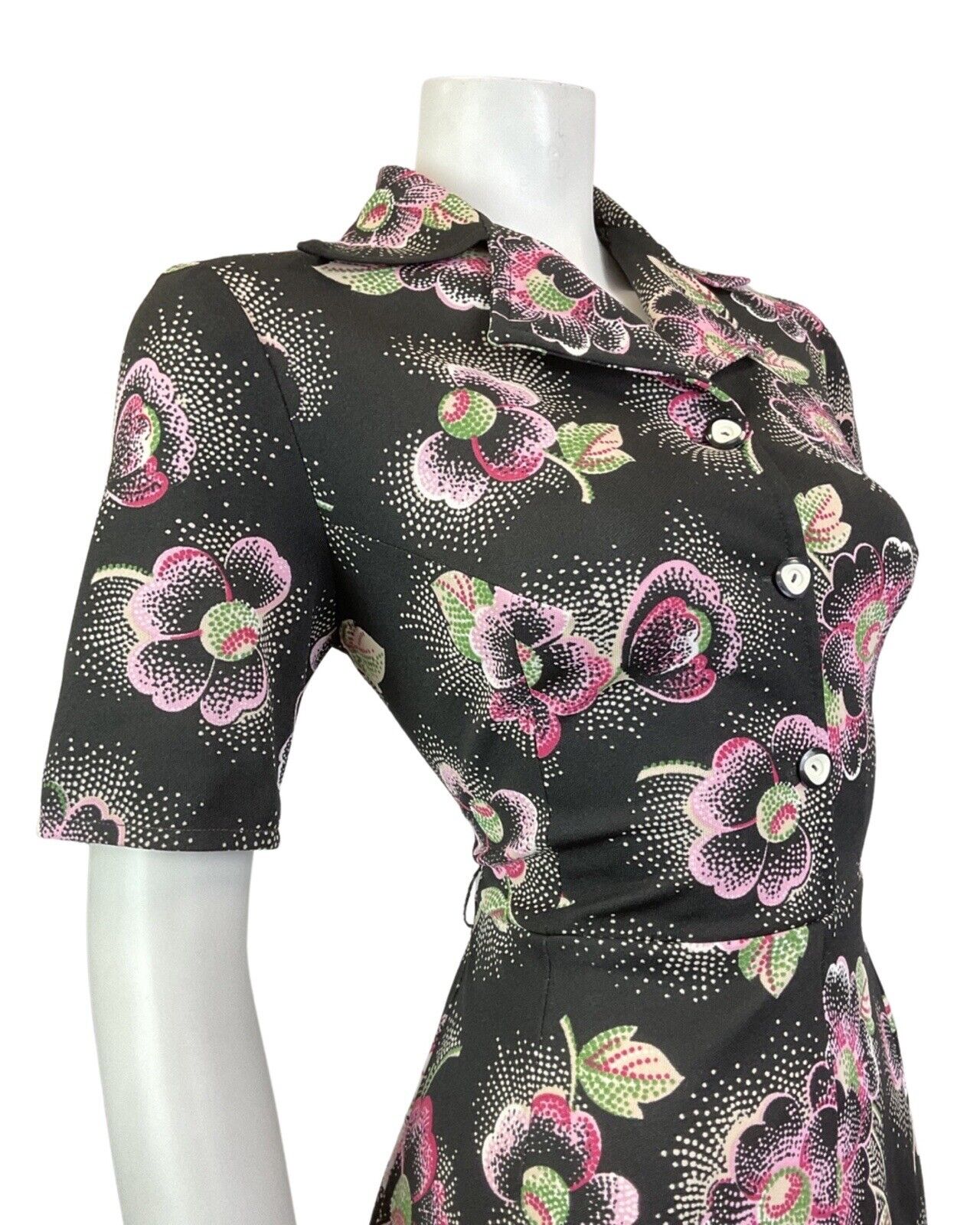 VINTAGE 60s 70s BLACK WHITE PINK FLORAL DOTTY MOD DAGGER SHIRT DRESS 12 14