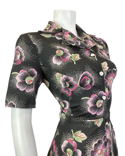 VINTAGE 60s 70s BLACK WHITE PINK FLORAL DOTTY MOD DAGGER SHIRT DRESS 12 14