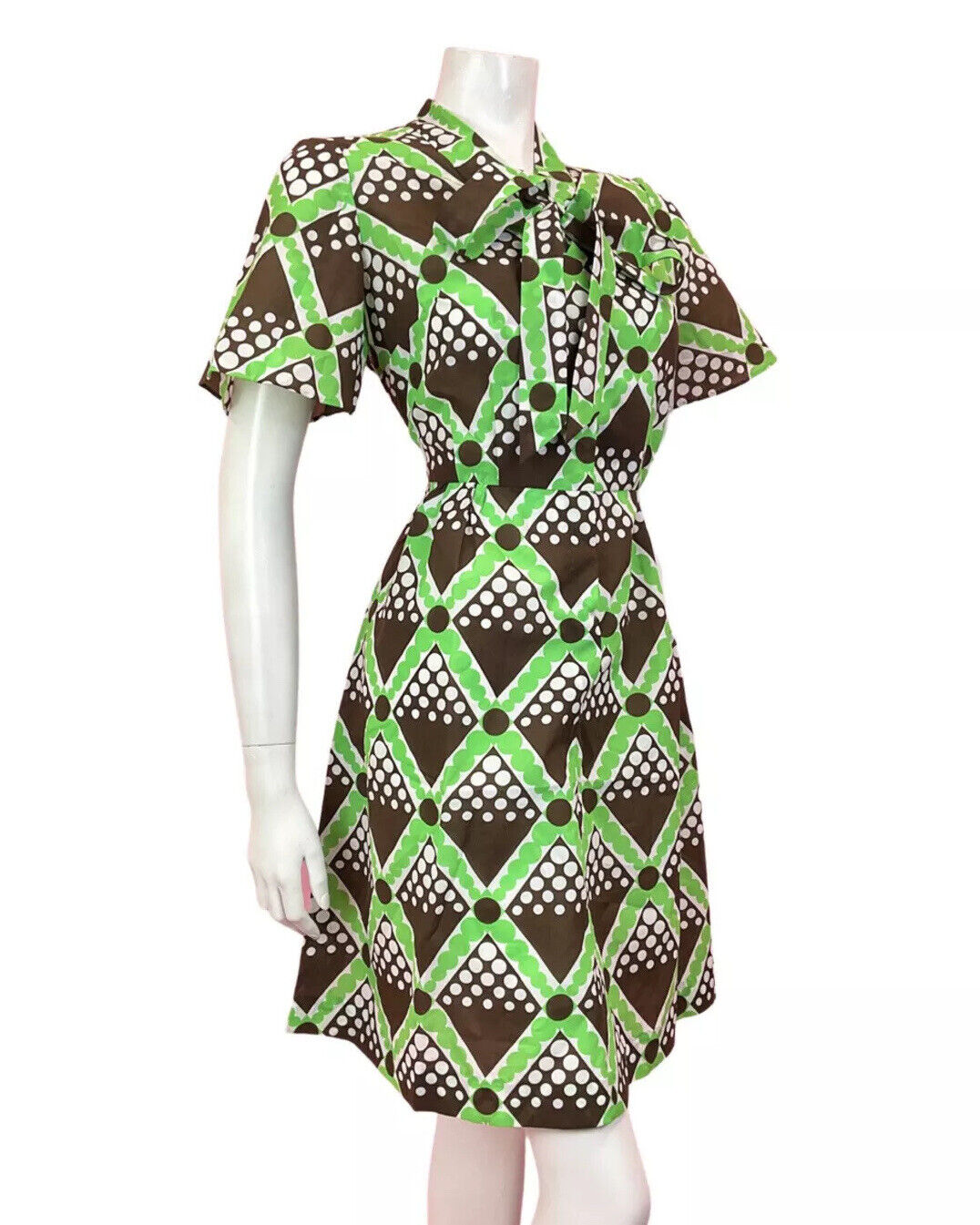 VINTAGE 60s 70s BROWN GREEN WHITE CHECKED GEOMETRIC PUSSYBOW MOD DRESS 10 12