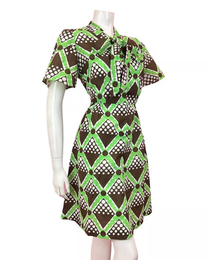 VINTAGE 60s 70s BROWN GREEN WHITE CHECKED GEOMETRIC PUSSYBOW MOD DRESS 10 12