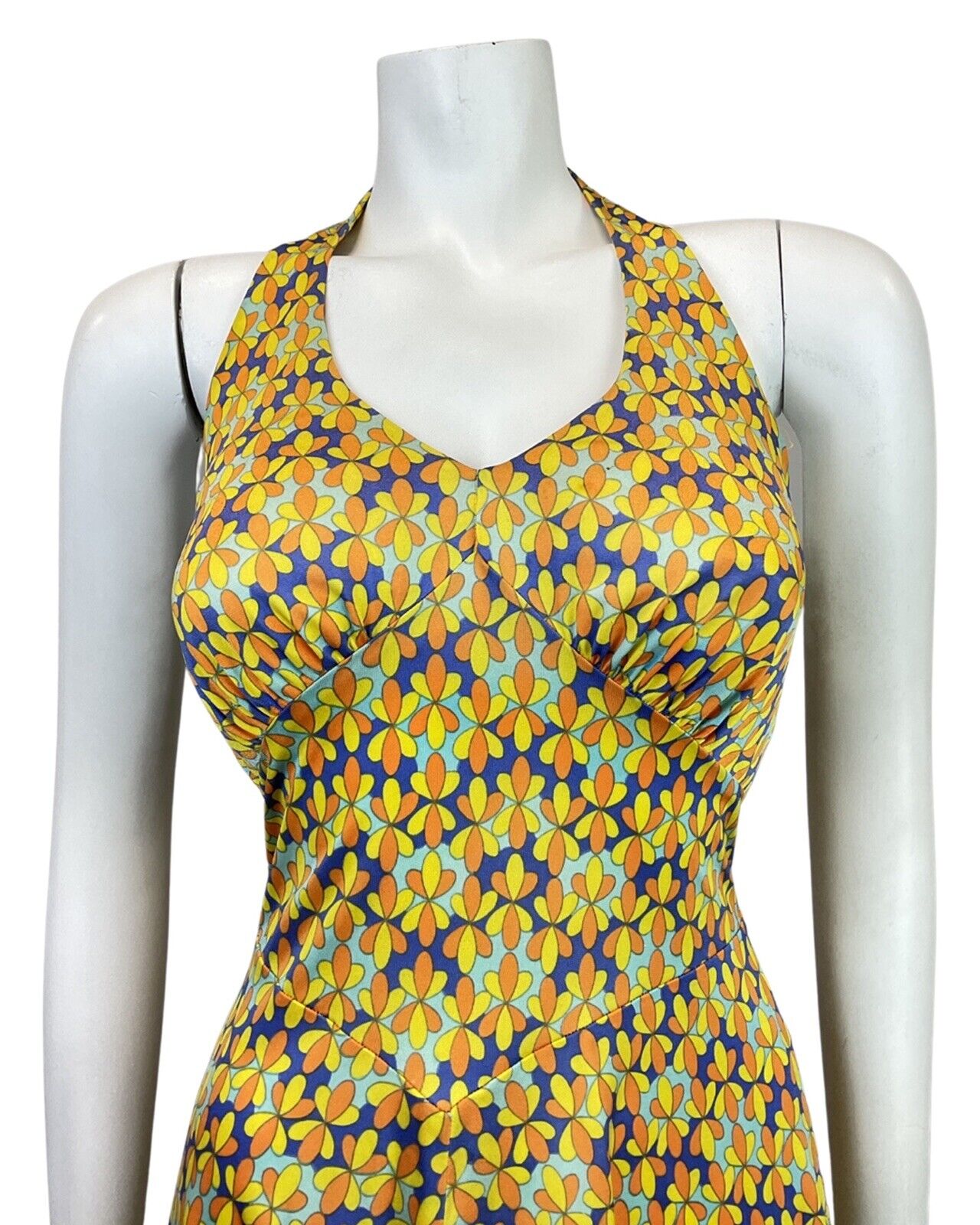 VINTAGE 60s YELLOW BLUE FLORAL DOTTY PSYCHEDELIC MOD HALTER SWING DRESS 10
