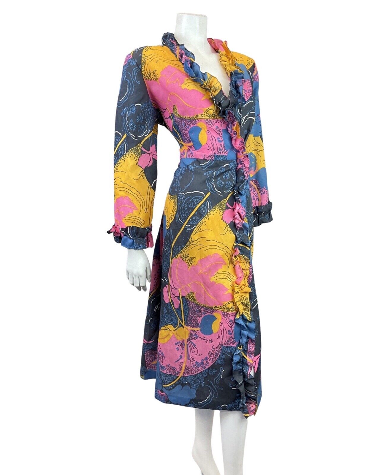 VTG 60s 70s BLUE PINK YELLOW PSYCHEDELIC ABSTRACT RUFFLED HOUSE COAT DRESS 14 16