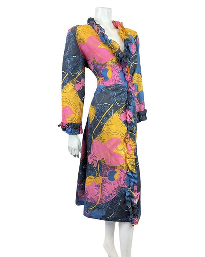 VTG 60s 70s BLUE PINK YELLOW PSYCHEDELIC ABSTRACT RUFFLED HOUSE COAT DRESS 14 16