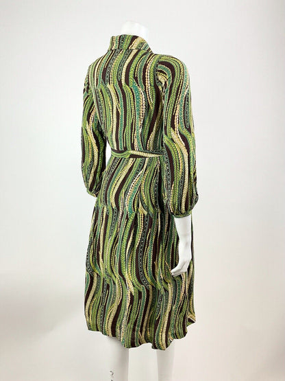VINTAGE 60s 70s GREEN CREAM BROWN STRIPED PSYCHEDELIC BELTED SHIRT DRESS 8 10